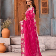 Pink floral printed georgette saree festive wear
