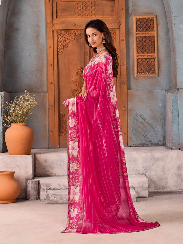 Pink floral printed georgette saree festive wear