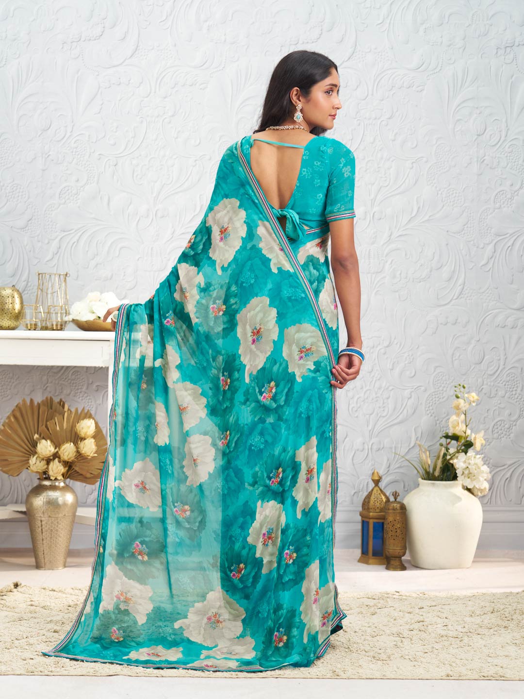 Blue floral printed georgette saree party wear
