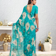 Blue floral printed georgette saree party wear