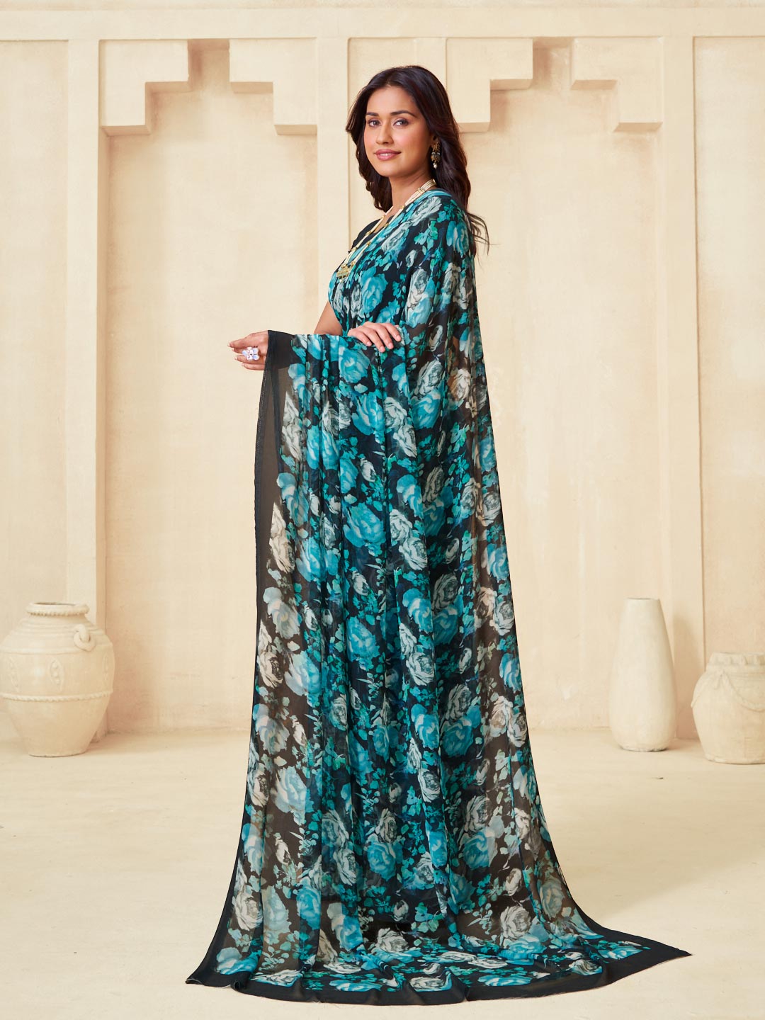 Navy printed saree daily wear