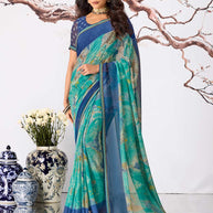 Blue abstract printed georgette saree daily wear