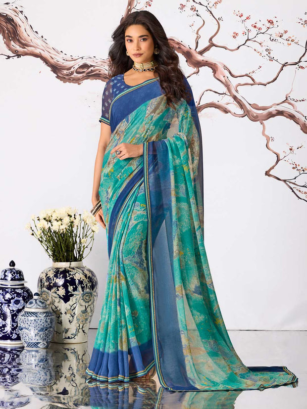 Blue abstract printed georgette saree daily wear
