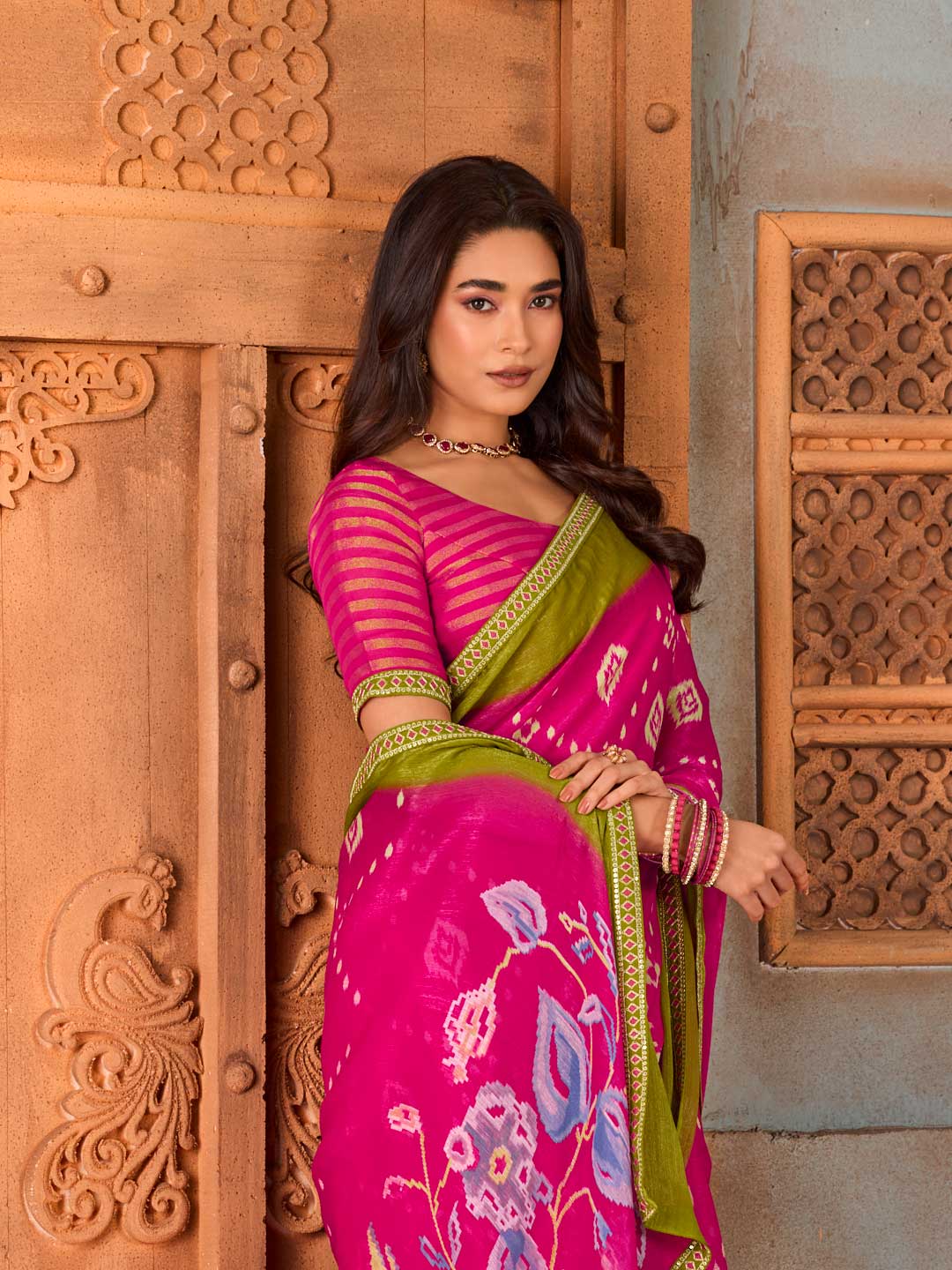 Pink floral printed chiffon saree party wear
