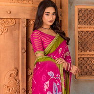 Pink floral printed chiffon saree party wear