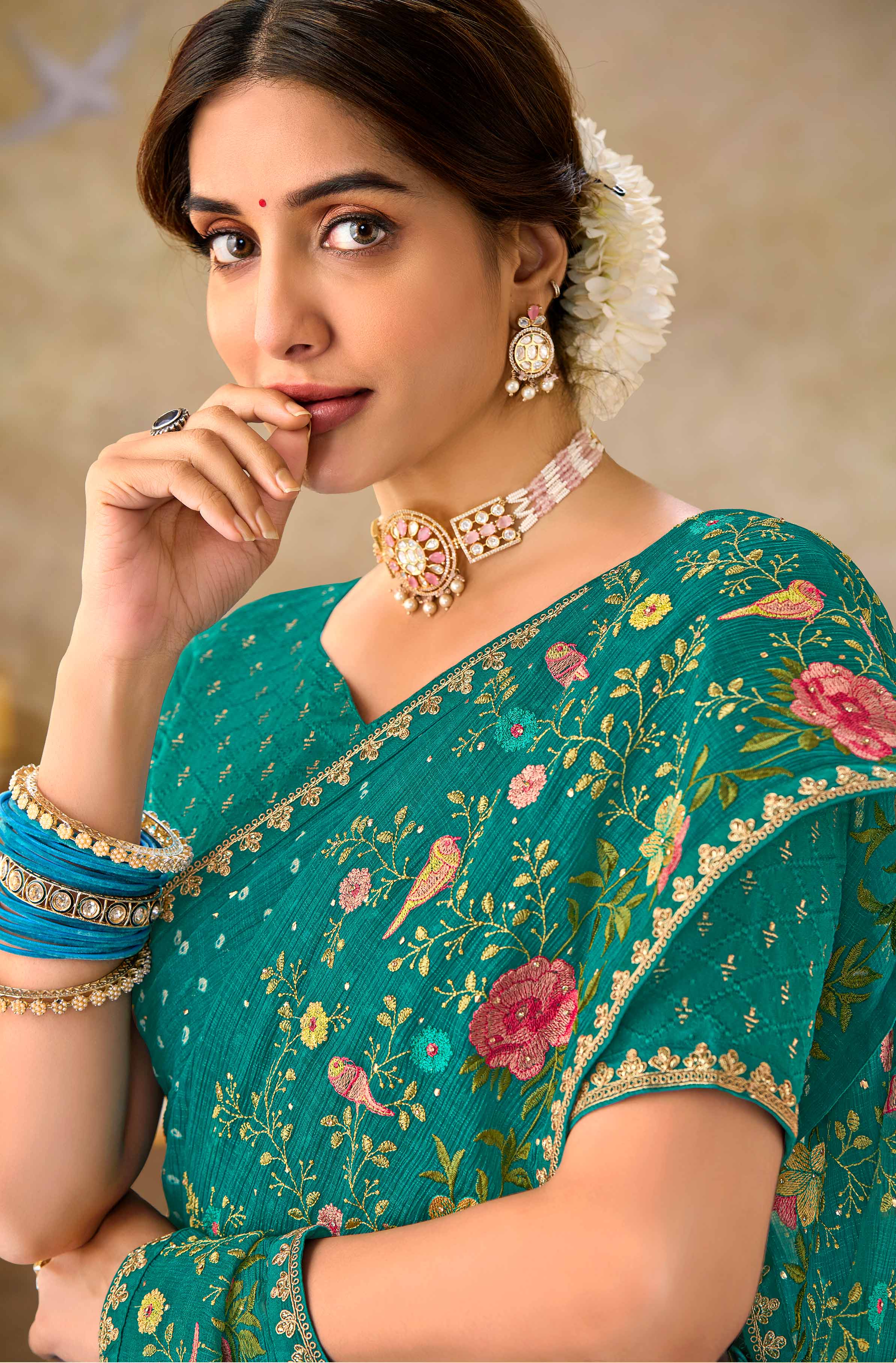 Blue embroidered chiffon saree party wear