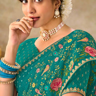 Blue embroidered chiffon saree party wear