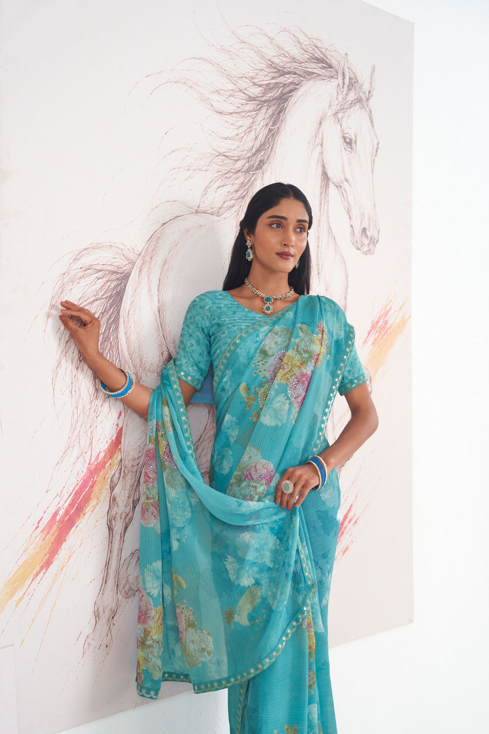 Laxmipati Murli Blue Chiffon Floral Saree