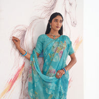 Laxmipati Murli Blue Chiffon Floral Saree