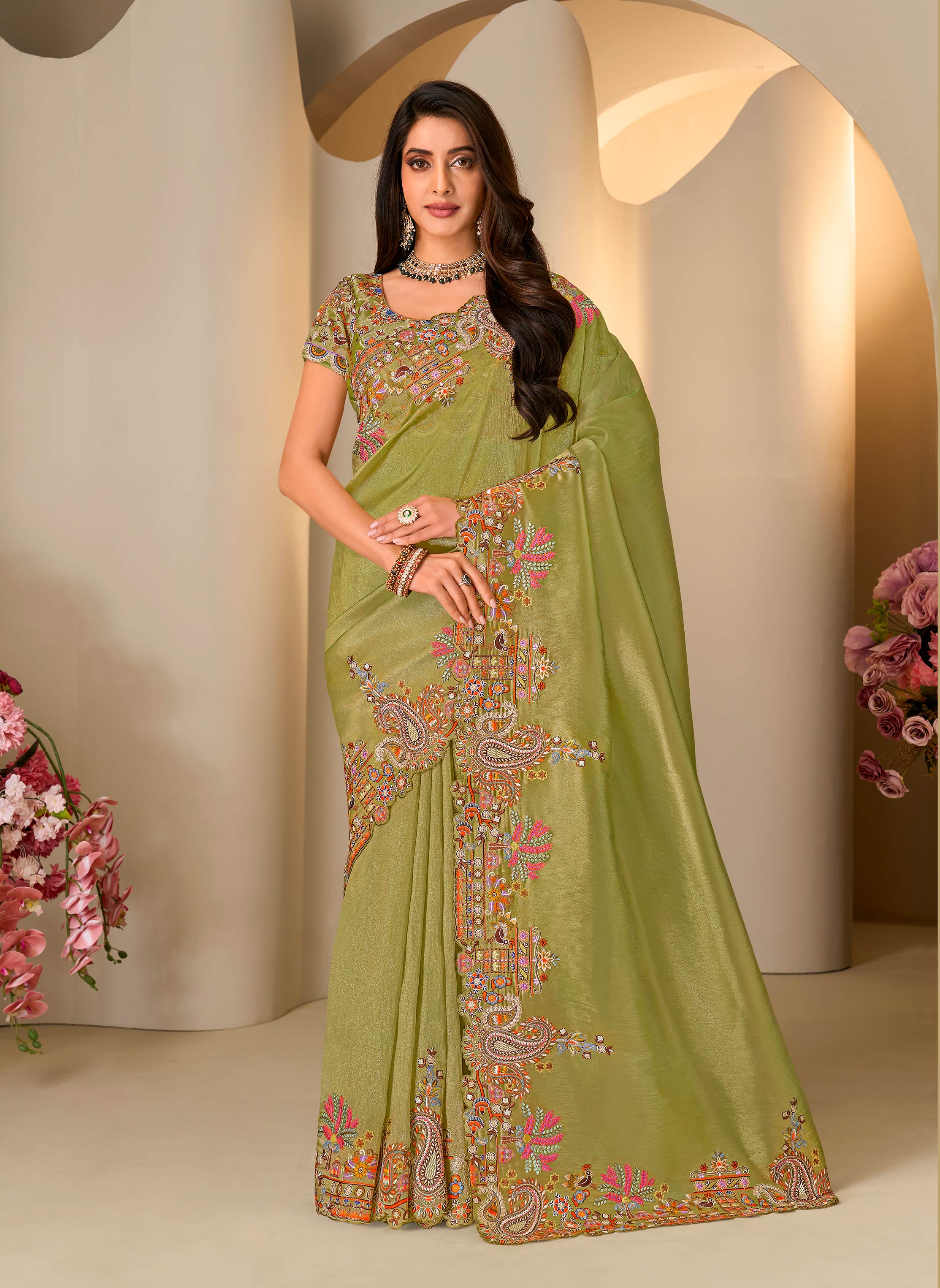 Green embroidered silk blend saree wedding wear