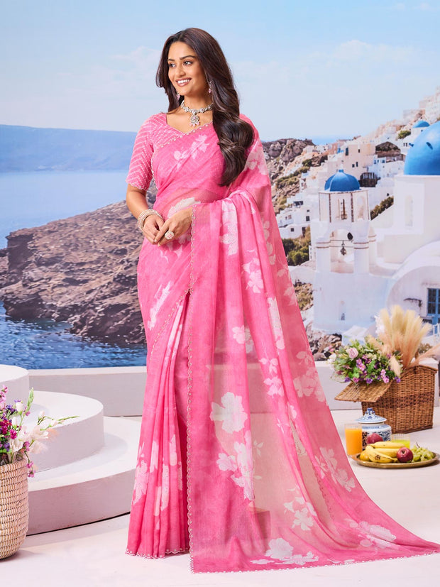 Pink floral printed chiffon saree stylish look