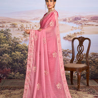 Pink embroidered chiffon saree daily wear