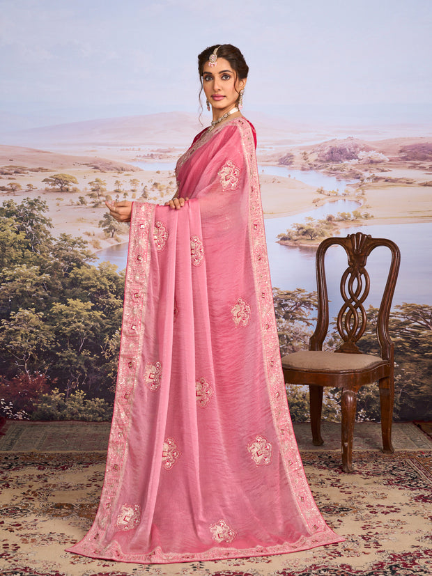 Pink embroidered chiffon saree daily wear