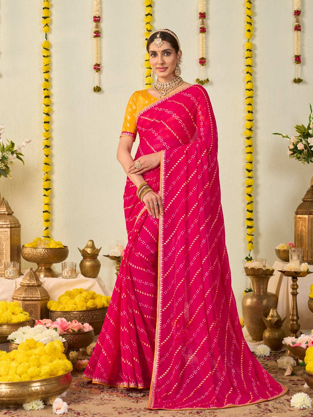 Pink bandhani printed georgette saree festive wear