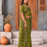 Green floral printed chiffon saree festive wear
