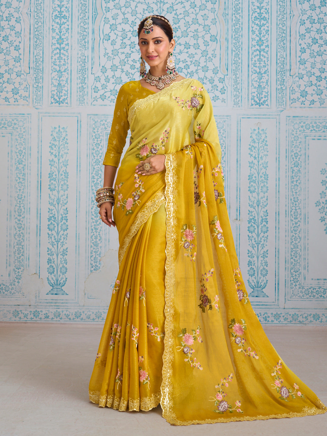 Laxmipati Aanya Yellow Chiffon Embroidered Saree
