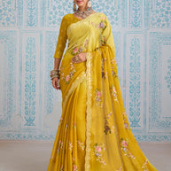 Laxmipati Aanya Yellow Chiffon Embroidered Saree