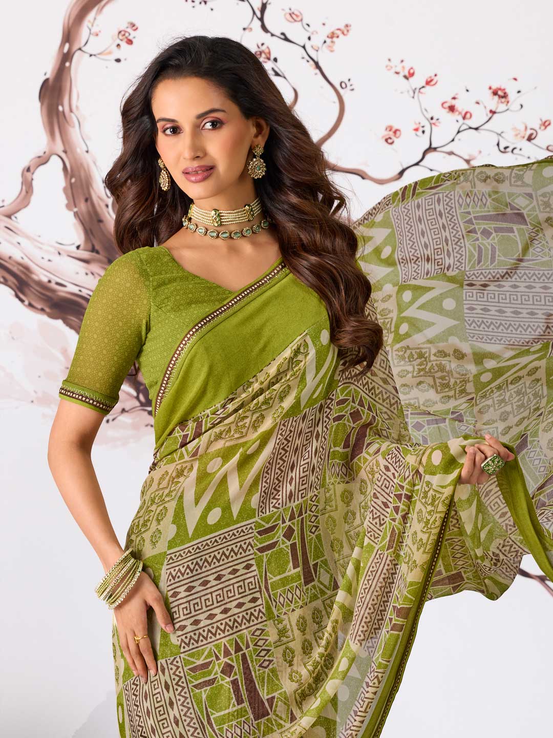 Green abstract printed georgette saree casual wear