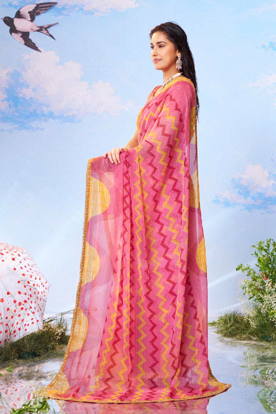 Pink geometric printed chiffon saree daily wear 