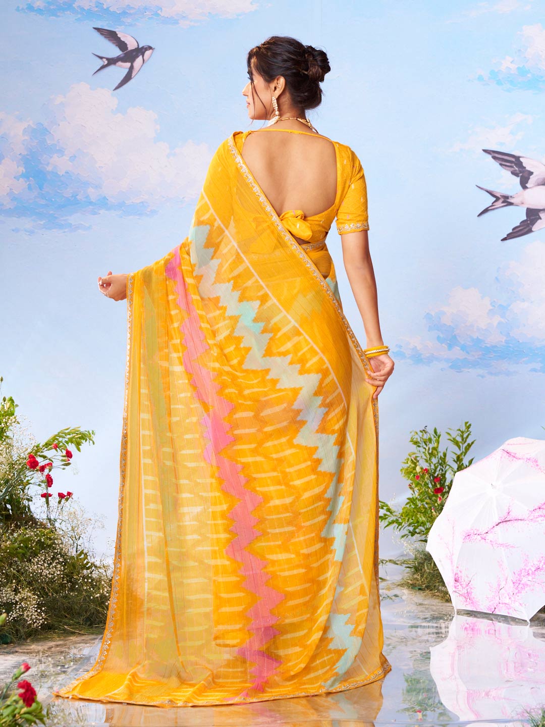 Yellow printed silk saree traditional wear