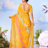 Yellow printed silk saree traditional wear