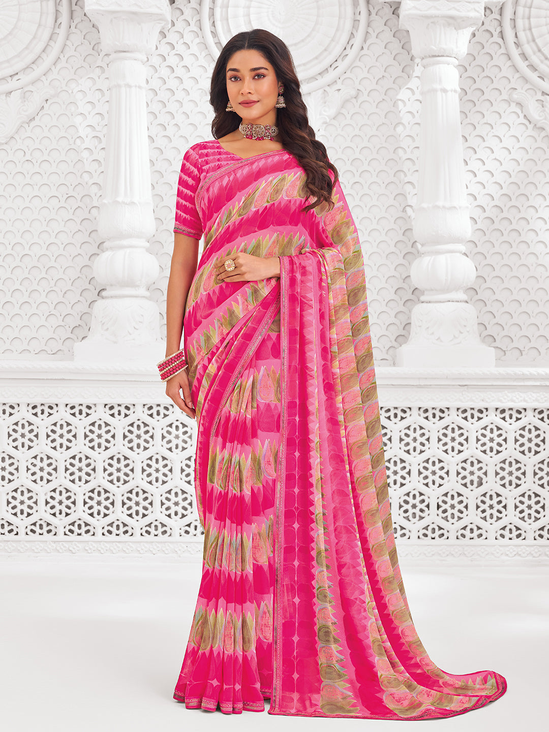Laxmipati Kamya Pink Georgette Geometric Printed Saree