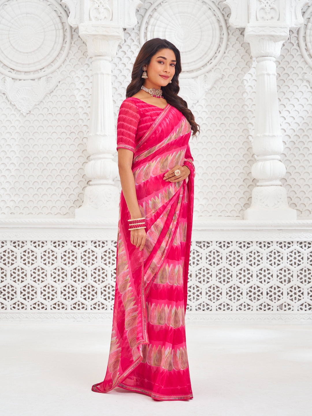 Laxmipati Kamya Pink Georgette Geometric Printed Saree