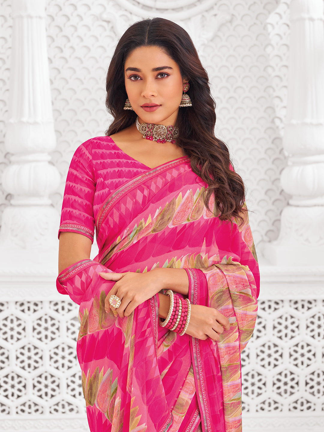 Laxmipati Kamya Pink Georgette Geometric Printed Saree