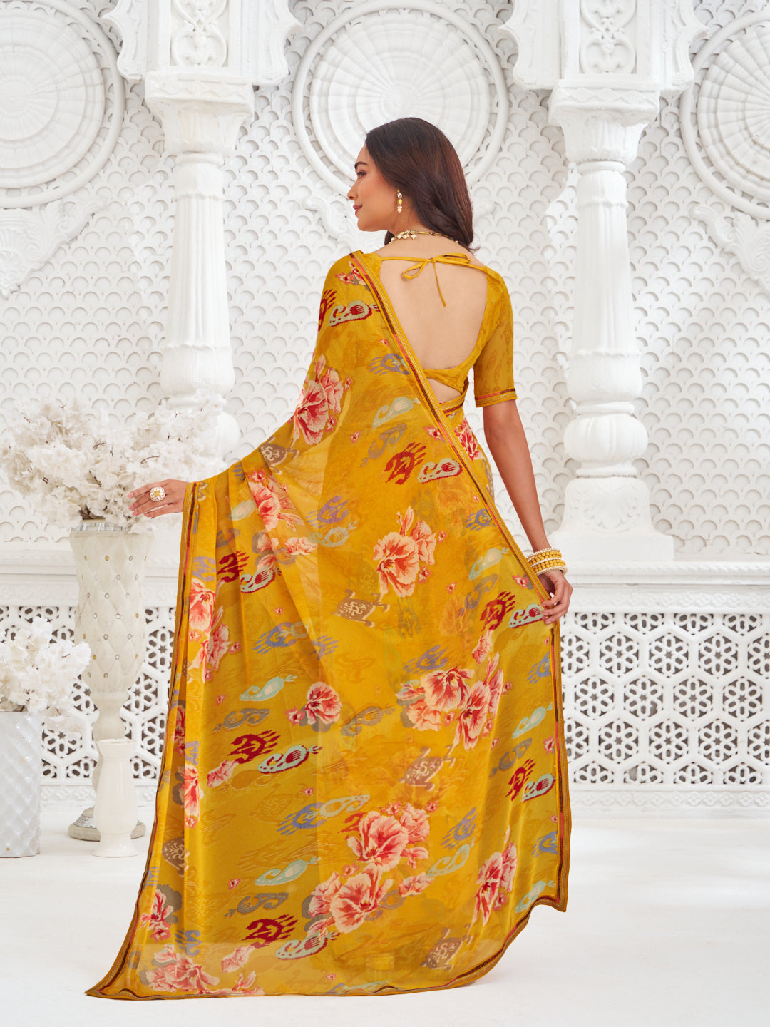 Laxmipati Kamya Mustard Georgette Floral Printed Saree