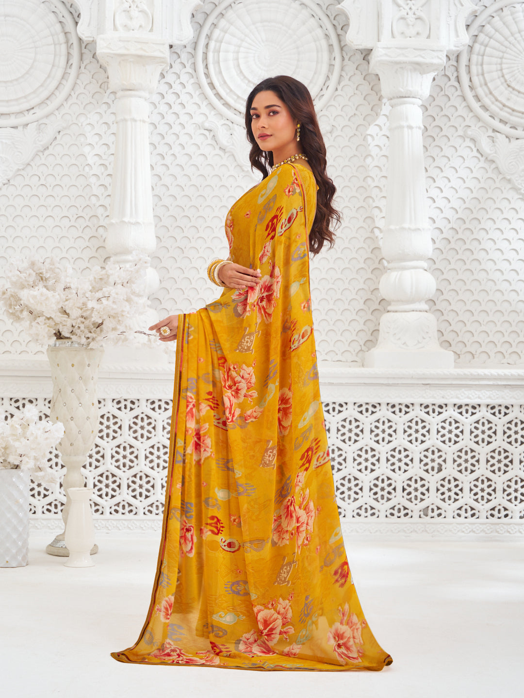 Laxmipati Kamya Mustard Georgette Floral Printed Saree