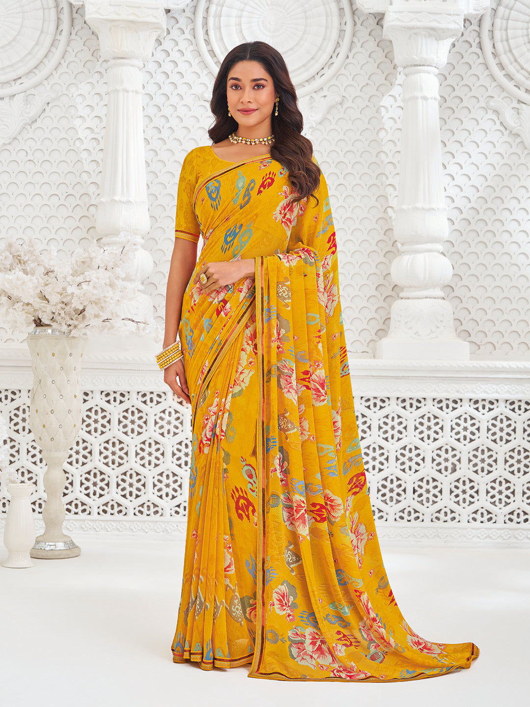 Laxmipati Kamya Mustard Georgette Floral Printed Saree