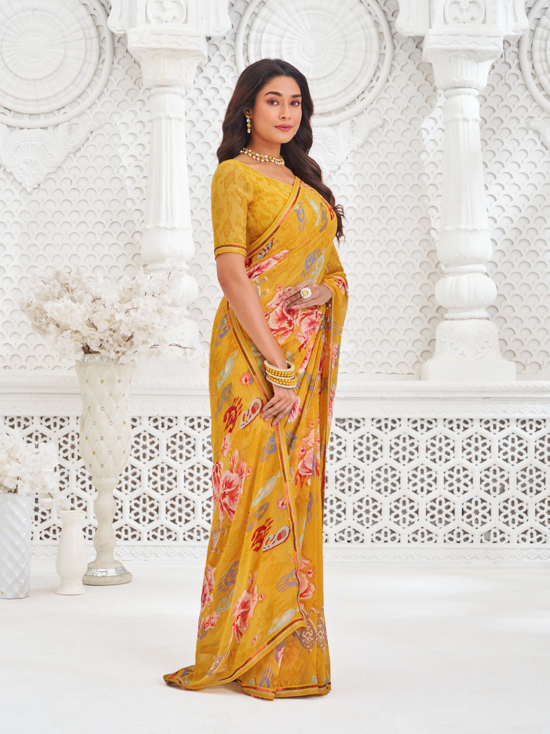 Laxmipati Kamya Mustard Georgette Floral Printed Saree