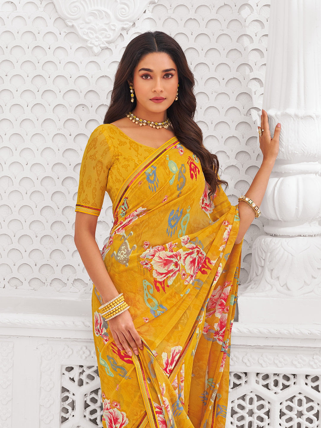 Laxmipati Kamya Mustard Georgette Floral Printed Saree