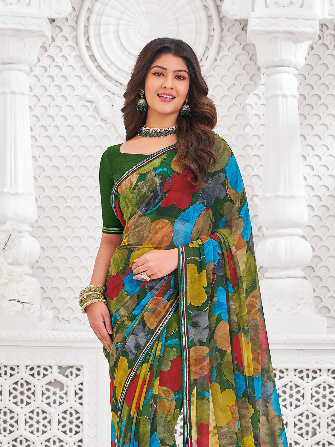 Laxmipati Kamya Green Georgette Floral Printed Saree