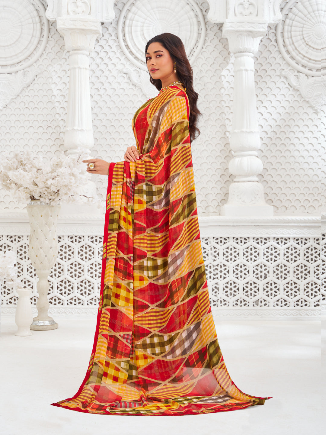 Laxmipati Kamya Mustard Georgette Geometric Printed Saree