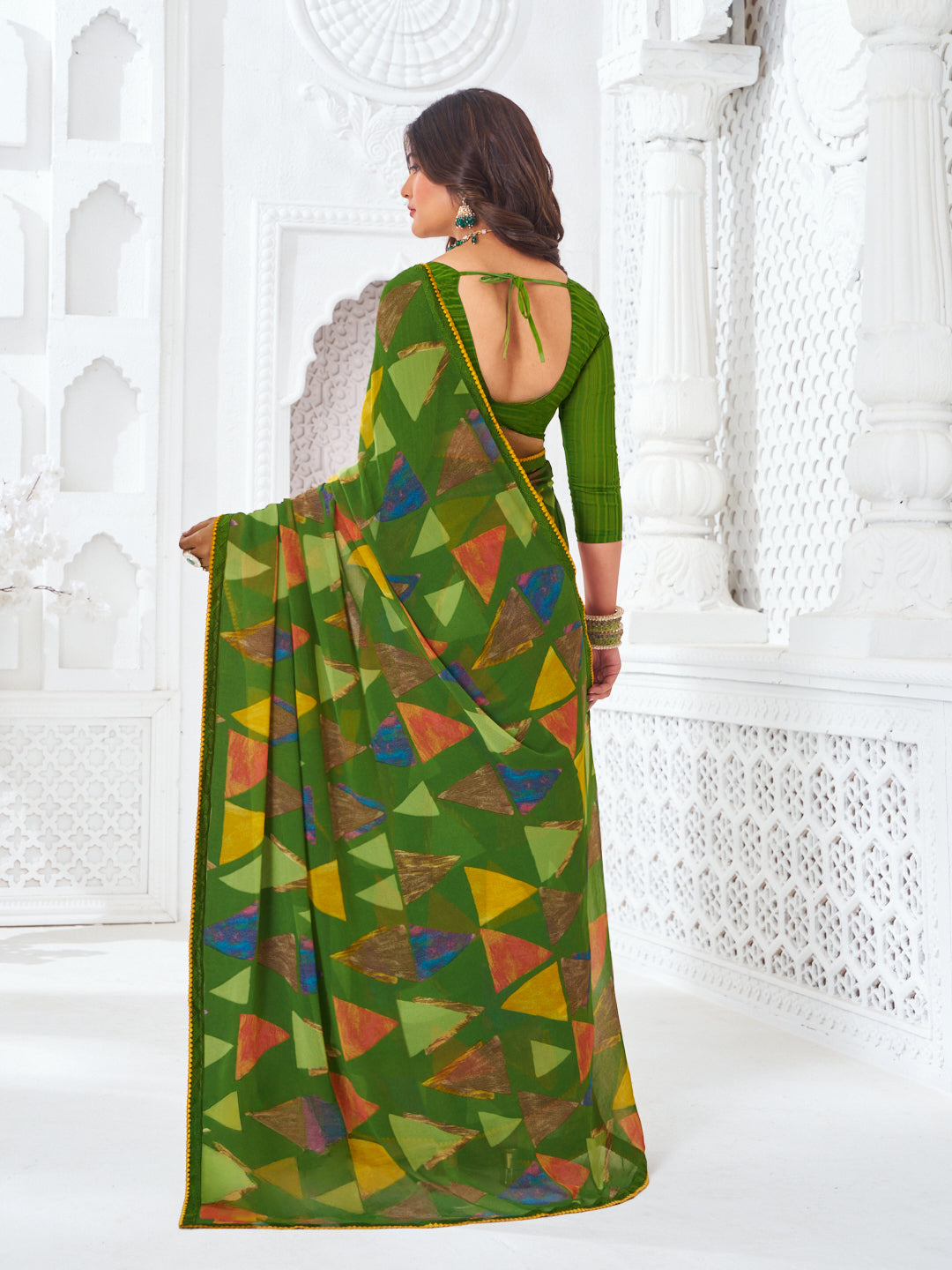 Laxmipati Kamya Green Georgette Geometric Printed Saree
