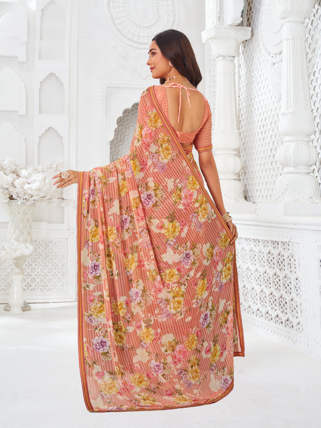 Laxmipati Kamya Orange Georgette Floral Printed Saree