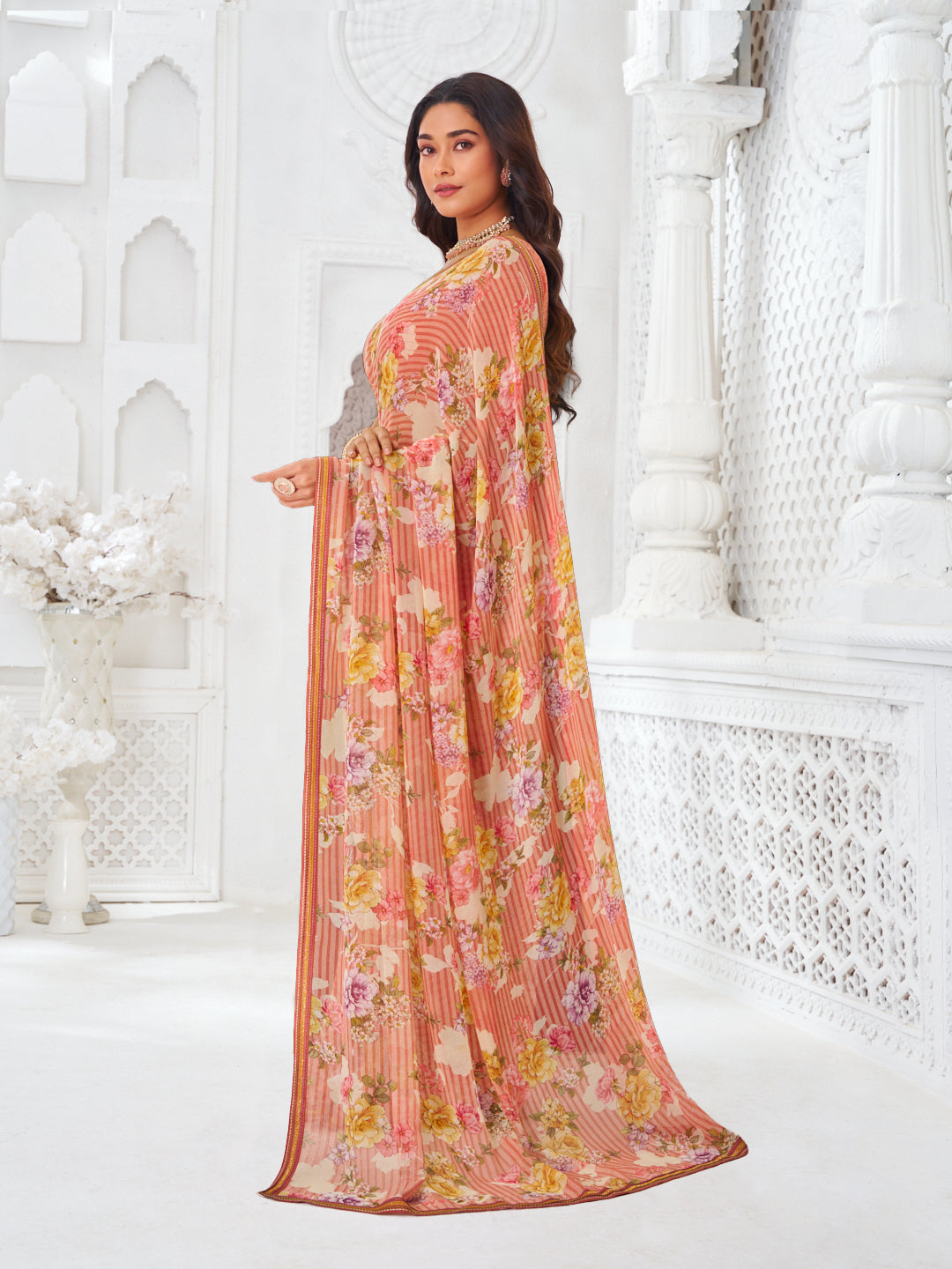 Laxmipati Kamya Orange Georgette Floral Printed Saree