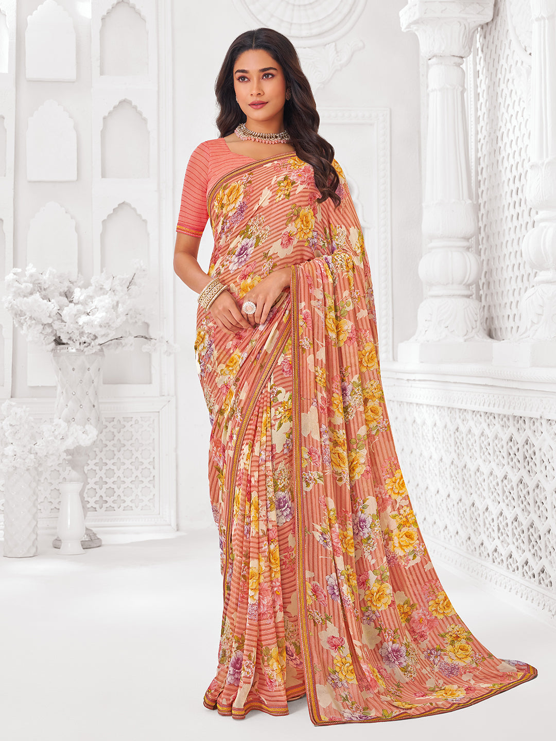 Laxmipati Kamya Orange Georgette Floral Printed Saree