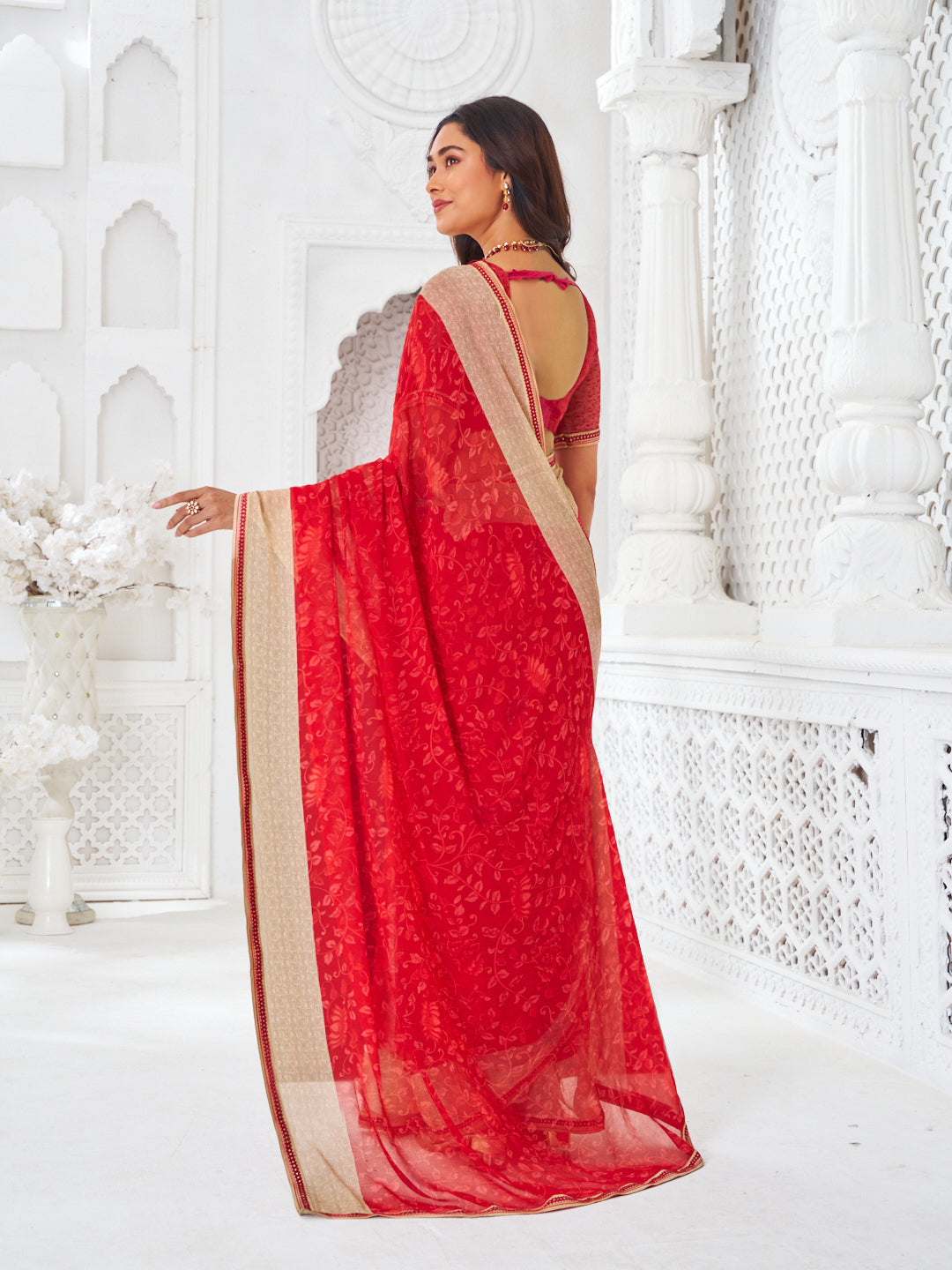 Laxmipati Kamya Red Georgette Floral Printed Saree