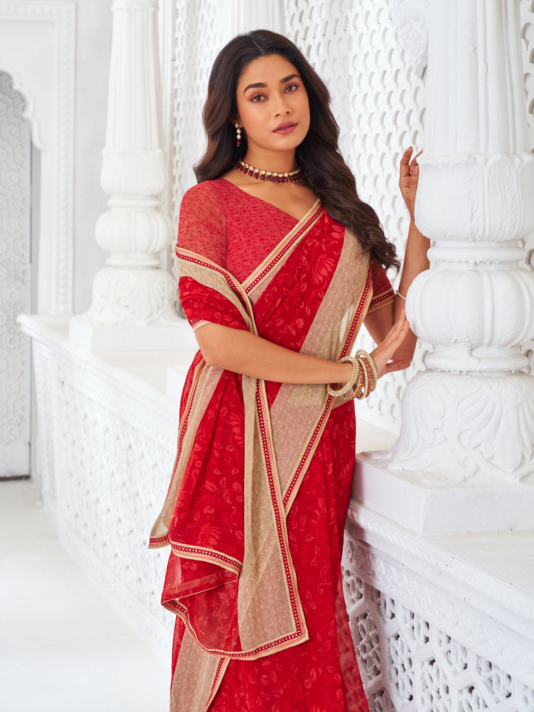 Laxmipati Kamya Red Georgette Floral Printed Saree