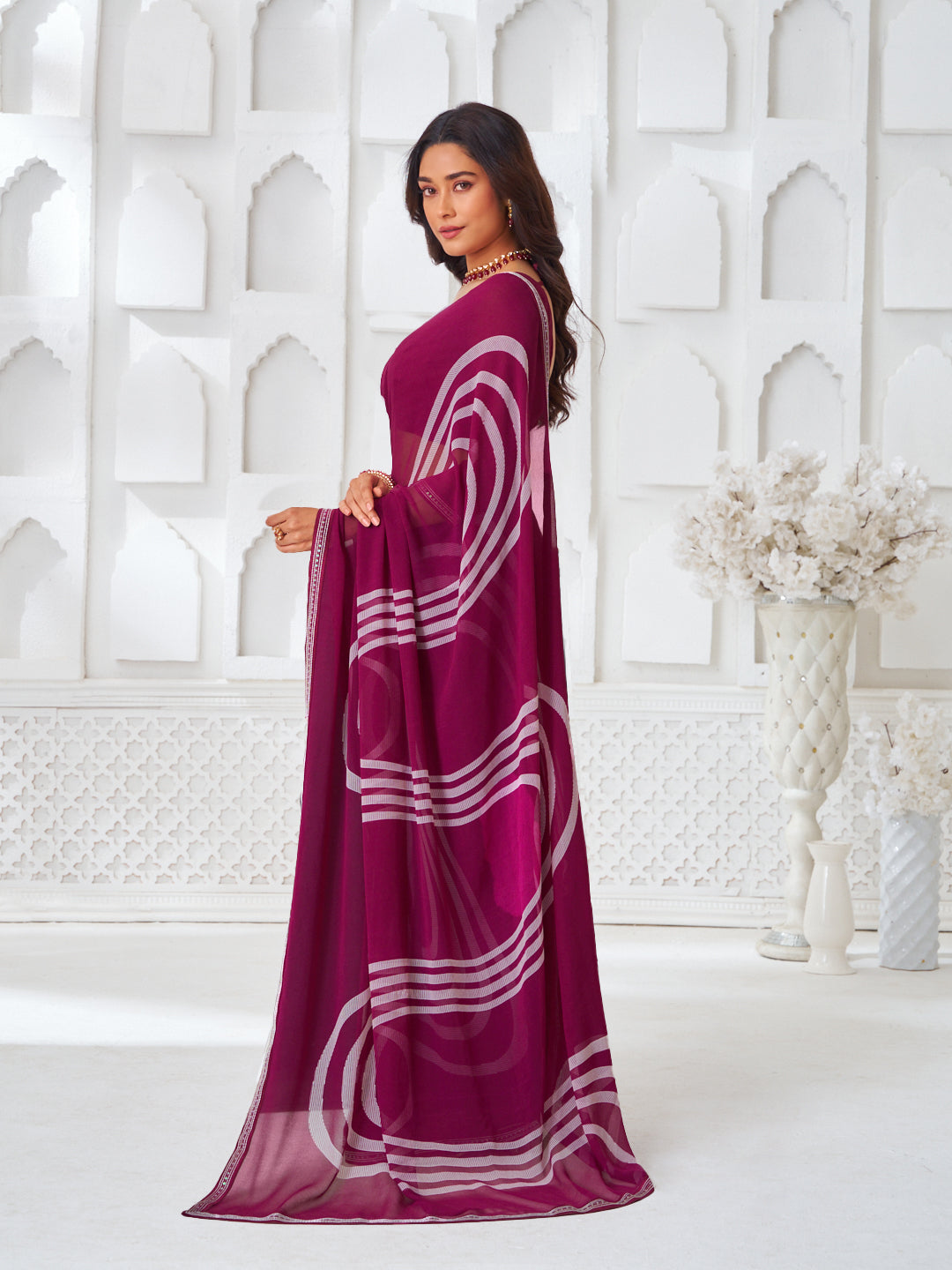 Laxmipati Kamya Purple Georgette Geometric Printed Saree