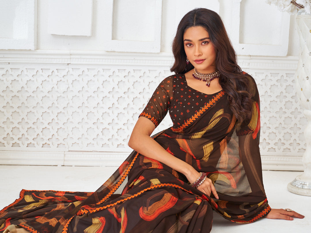 Laxmipati Kamya Brown Georgette Abstract Printed Saree