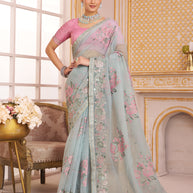 Laxmipati Chakor Pastel Blue Tissue Organza Saree with Floral Embroidery