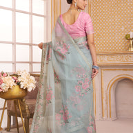 Laxmipati Chakor Pastel Blue Tissue Organza Saree with Floral Embroidery