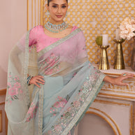 Laxmipati Chakor Pastel Blue Tissue Organza Saree with Floral Embroidery