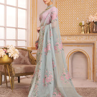 Laxmipati Chakor Pastel Blue Tissue Organza Saree with Floral Embroidery