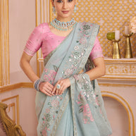 Laxmipati Chakor Pastel Blue Tissue Organza Saree with Floral Embroidery