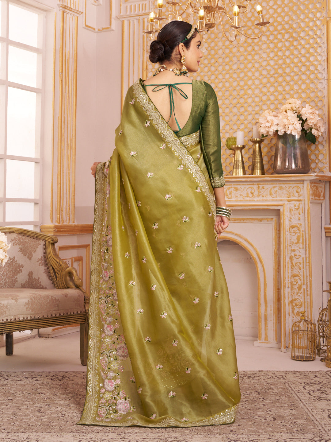 Laxmipati Chakor Olive Green Tissue Organza Saree with Floral Embroidery