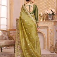 Laxmipati Chakor Olive Green Tissue Organza Saree with Floral Embroidery
